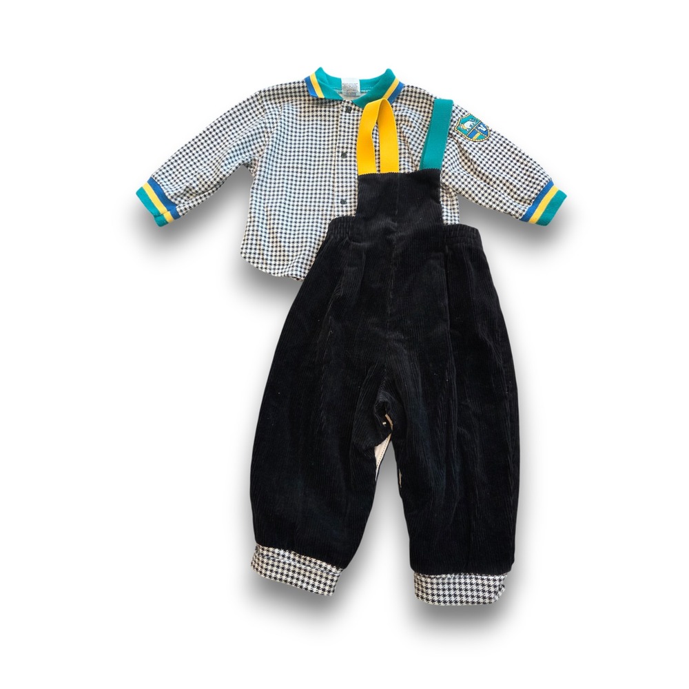 Vintage 80s Carter's Outfit Green Yellow Polo Shirt Black Overalls Baby Boy 18m